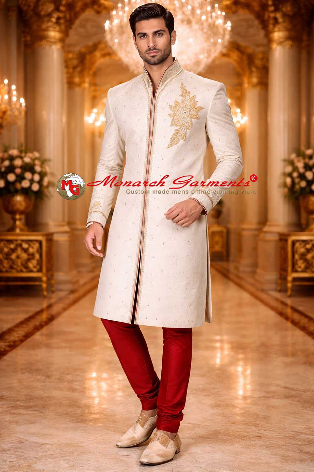 ivory brocade high collar groom sherwani with maroon churidar for indian wedding by monarch garments