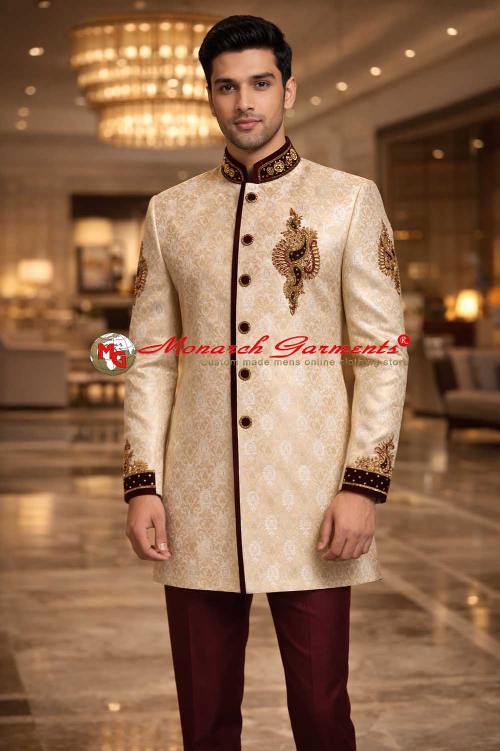Ivory brocade Indo Western suit with maroon piping and pant for men wedding wear