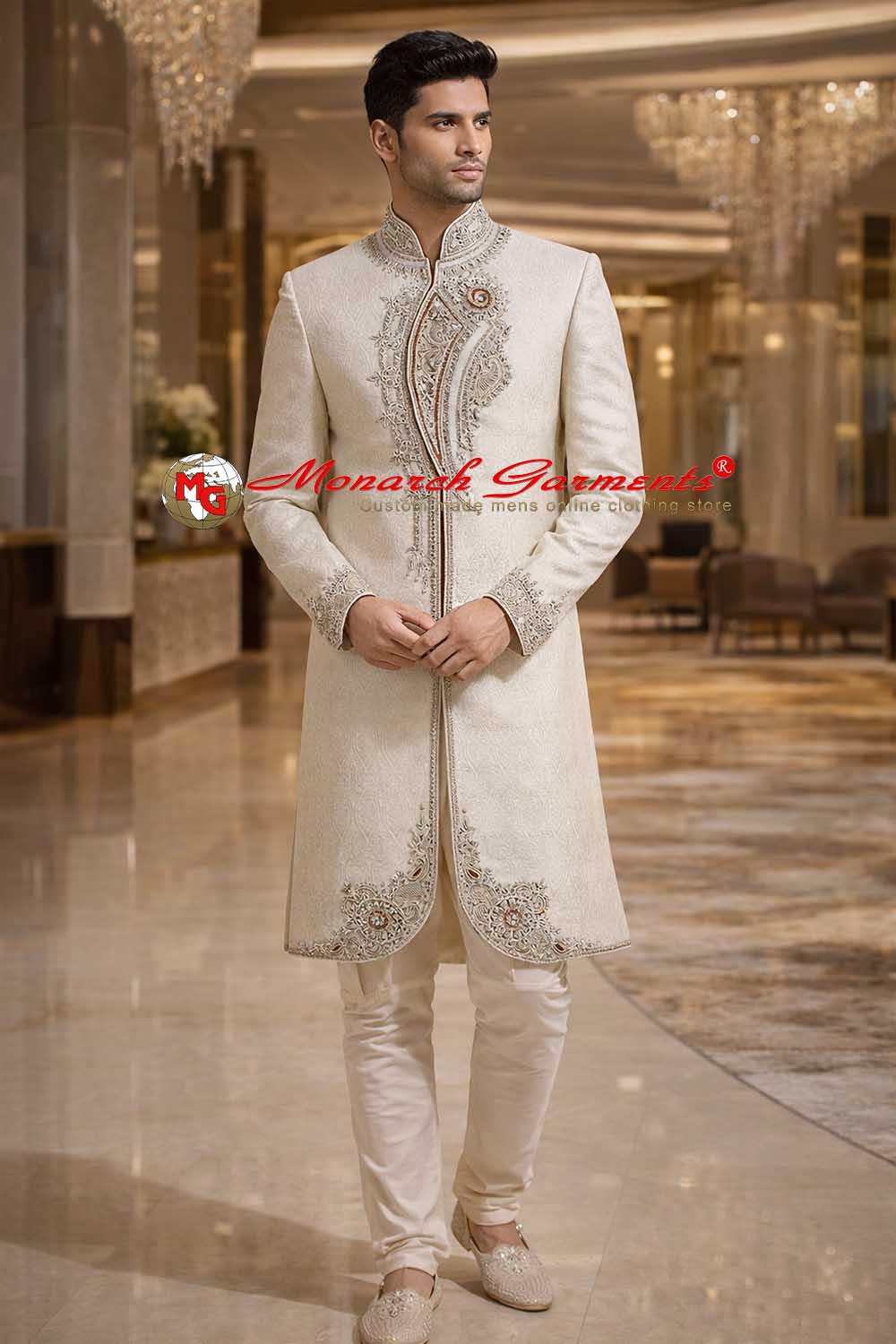 Ivory brocade Indo western sherwani for men with maroon piping wedding wear