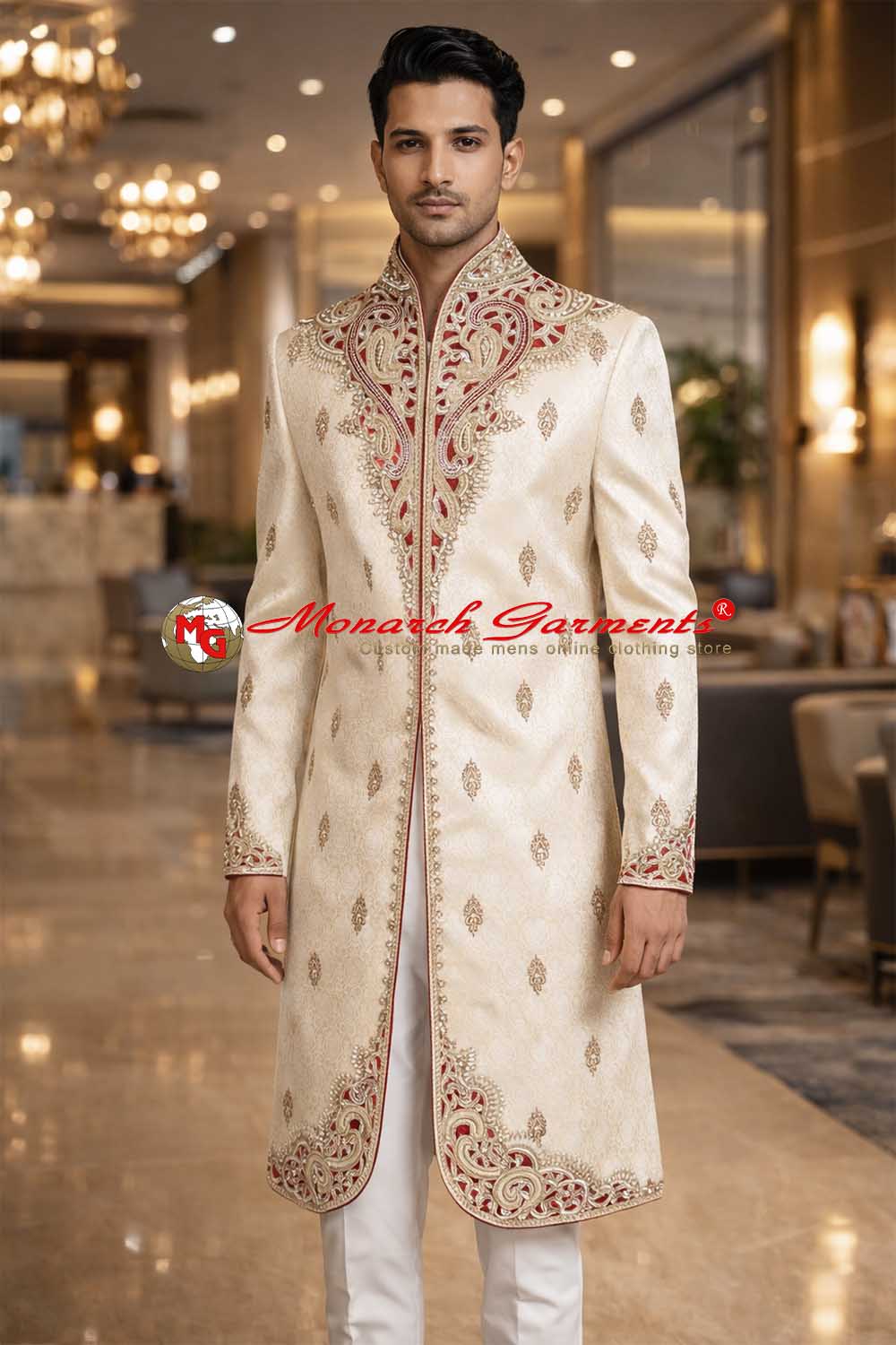 Ivory brocade Indo western sherwani for men with red embroidery wedding wear