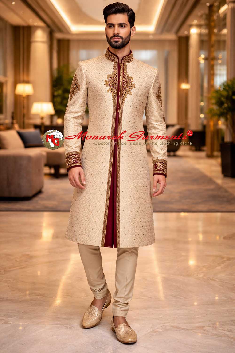 Ivory brocade wedding sherwani for men with golden embroidery and churidar pyjama by Monarch Garments