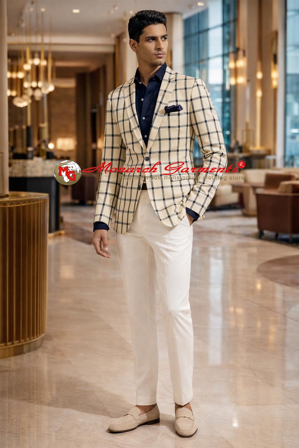 Ivory check slim fit casual blazer for men with notched lapel by Monarch Garments