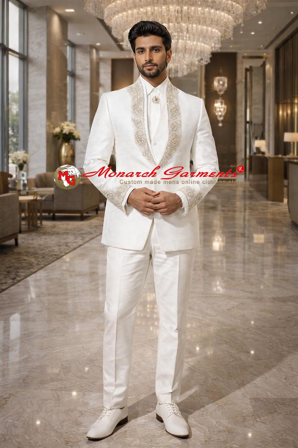 Ivory designer tuxedo suit for groom with embroidered shawl lapel and matching trousers by Monarch Garments