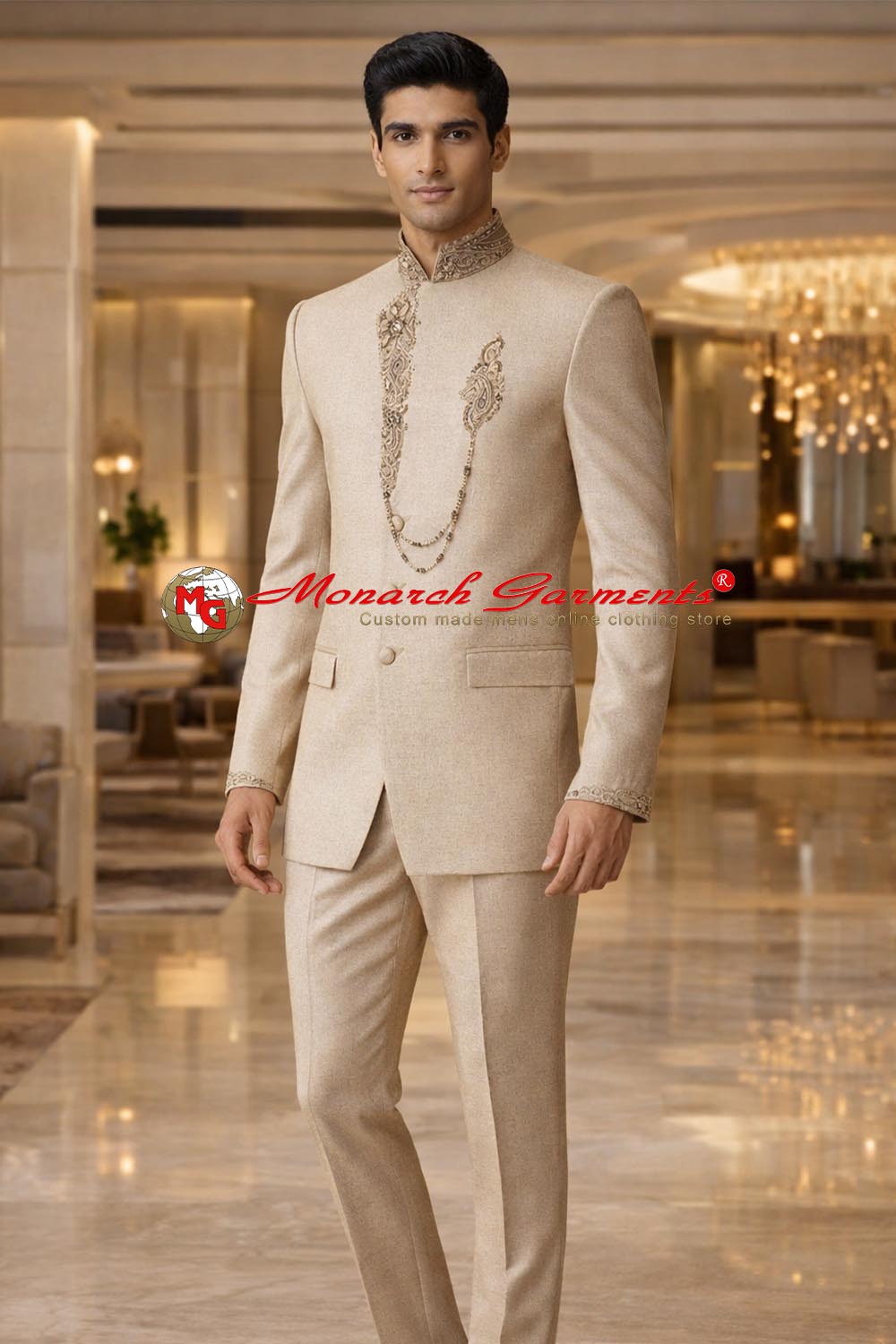 Ivory jodhpuri suit with hand embroidered neck and front design for men
