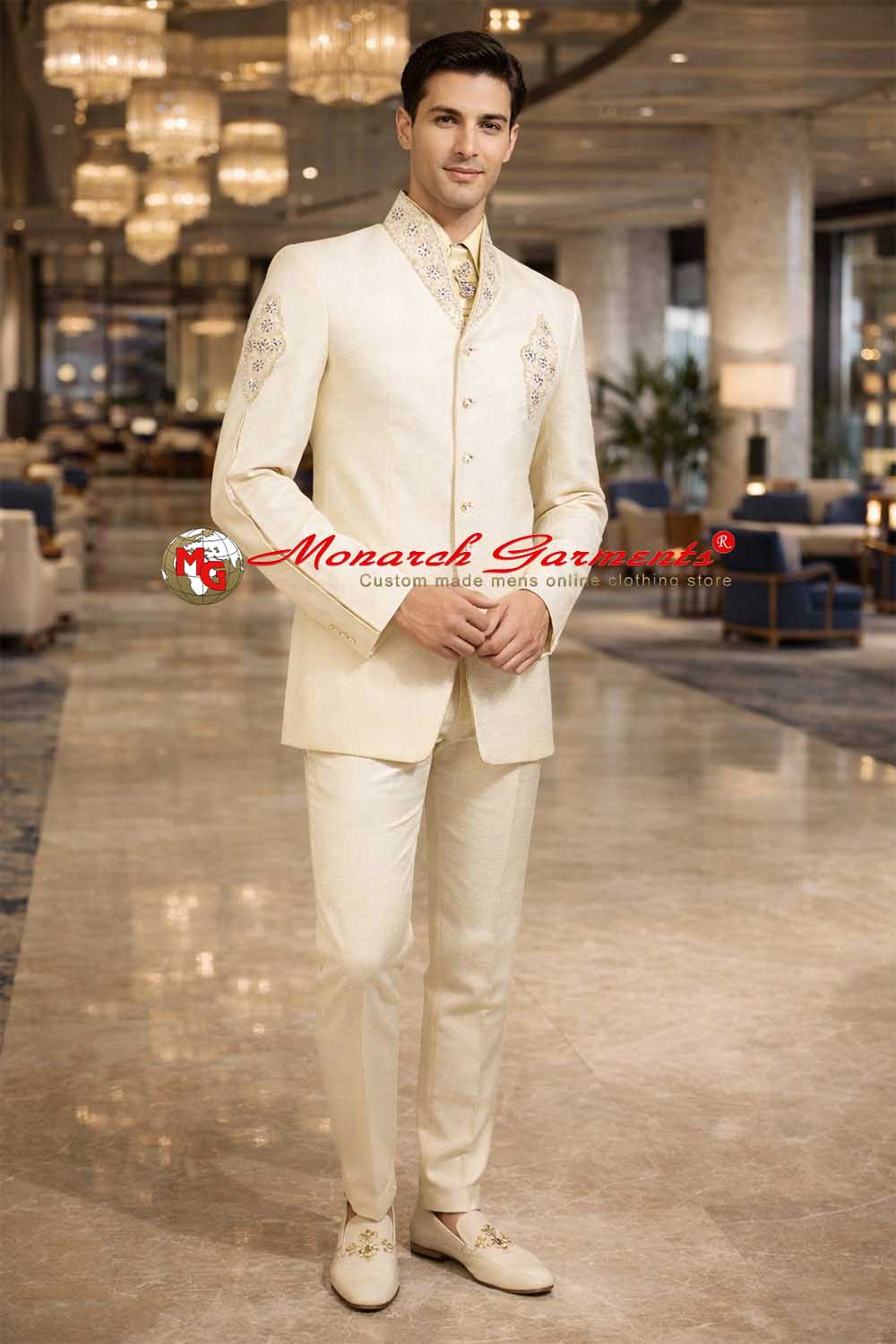 Ivory bandhgala tuxedo suit for men embroidered slim fit wedding outfit