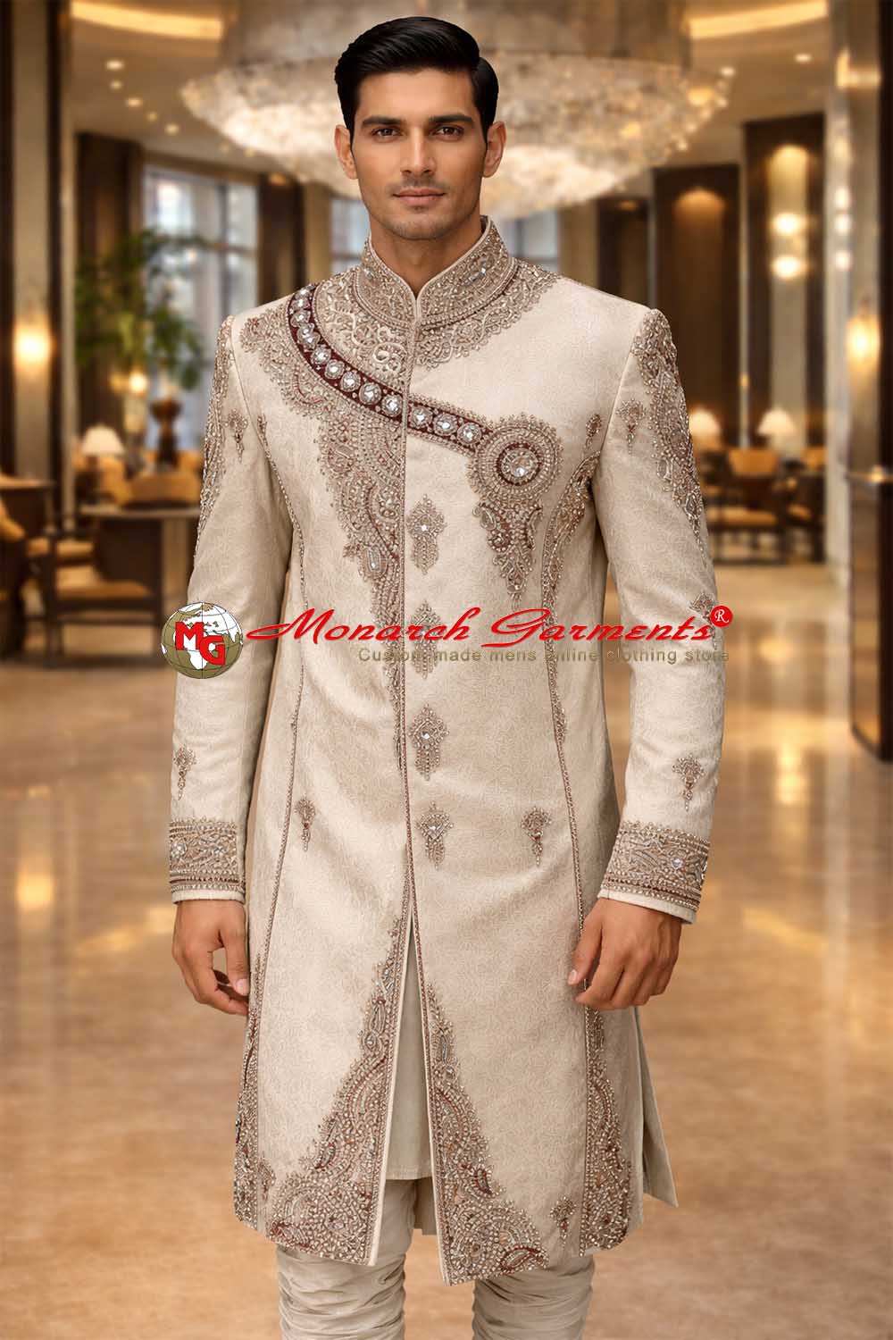 Ivory embroidered wedding sherwani for men with crystal embellishments and bandhgala collar by Monarch Garments India