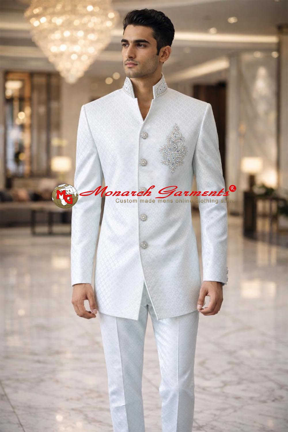 Ivory embroidered designer wedding suit for men with premium fit, ideal for Indian groom and reception wear