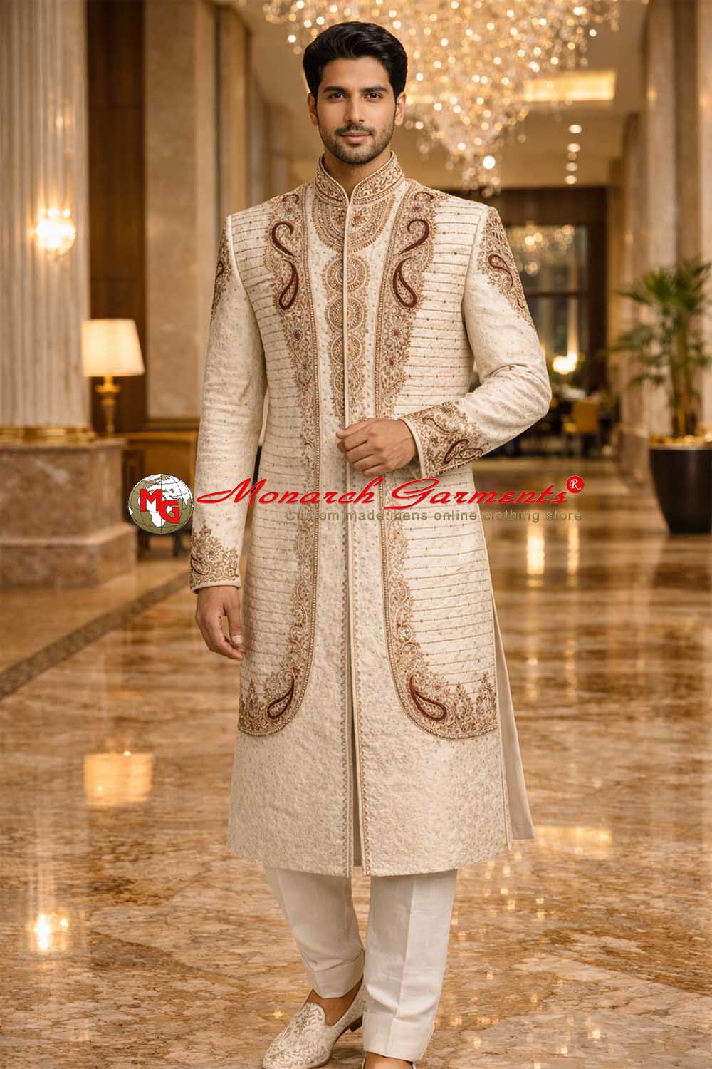 Indian groom wearing ivory embroidered wedding sherwani with paisley design by Monarch Garments