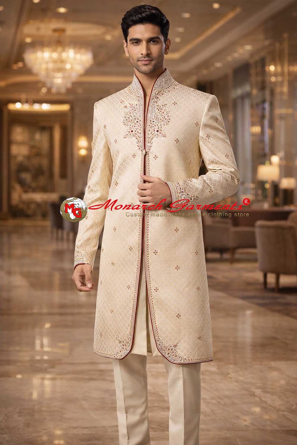 Ivory embroidered Indo Western suit for men with dupion silk trouser wedding outfit