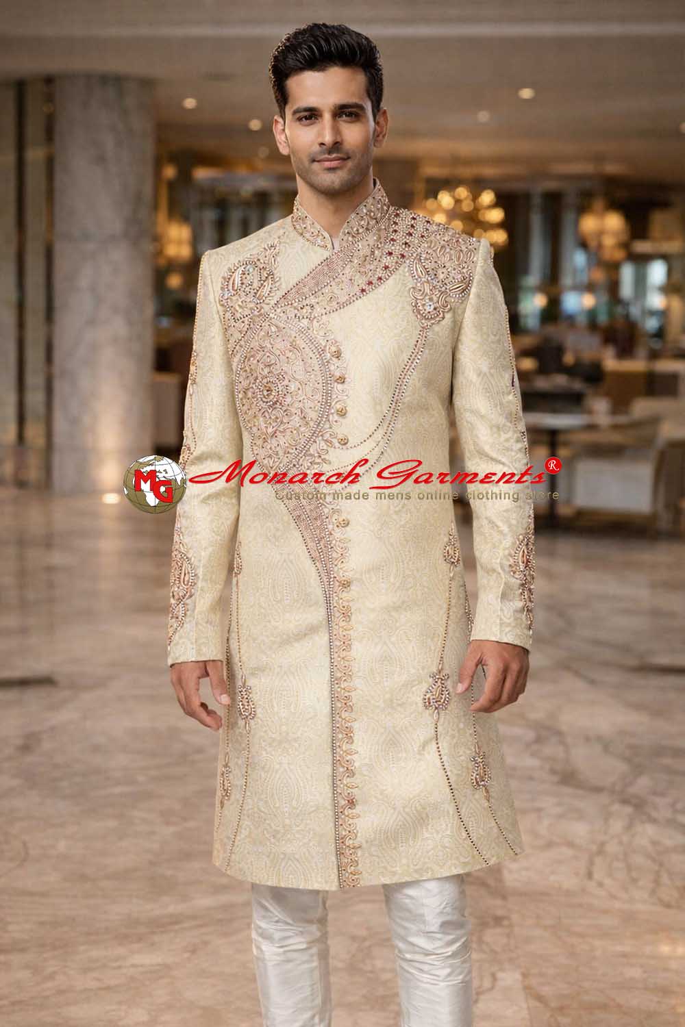 Ivory embroidered Indo Western suit for men wedding wear brocade fabric India