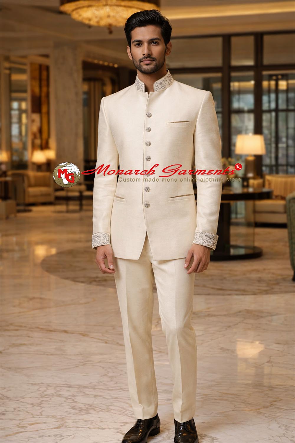 Men’s ivory embroidered Nehru collar slim fit bandhgala blazer by Monarch Garments