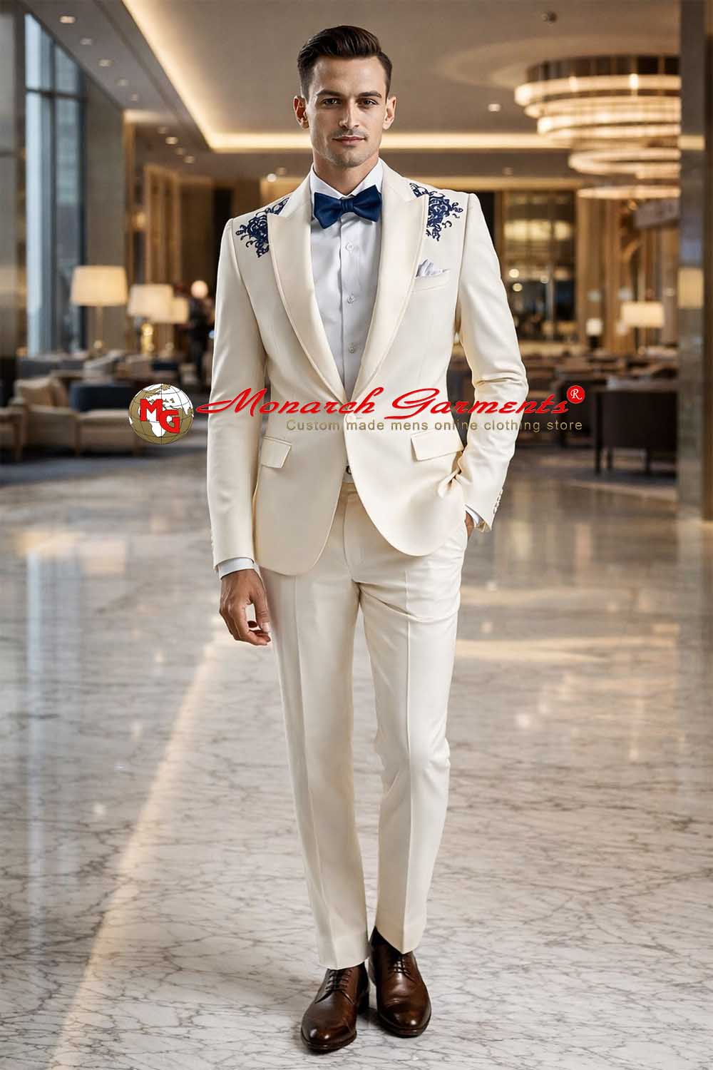 Ivory embroidered tuxedo suit for men slim fit wedding wear India