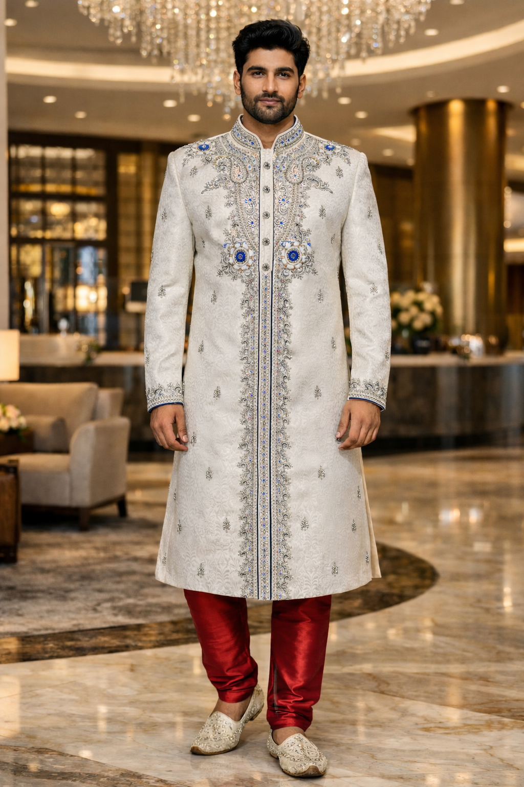 Indian groom wearing ivory embroidered wedding sherwani with blue stone detailing and red churidar in luxury hotel setting