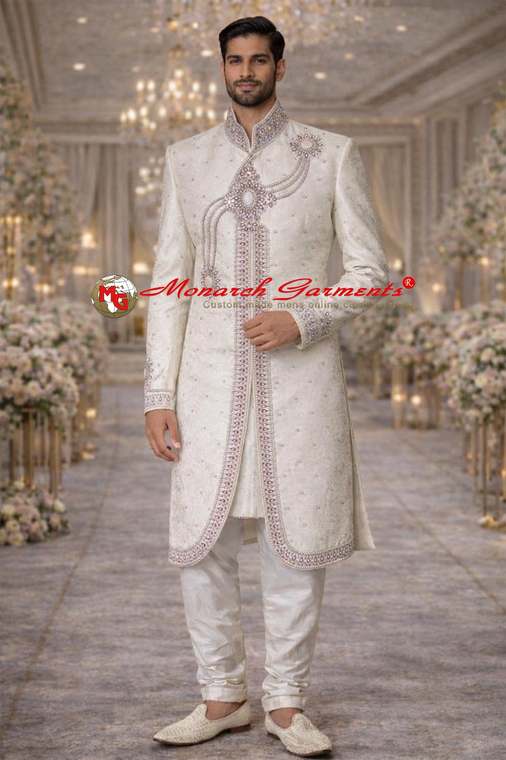 Ivory embroidered groom sherwani with pearl detailing for Indian wedding