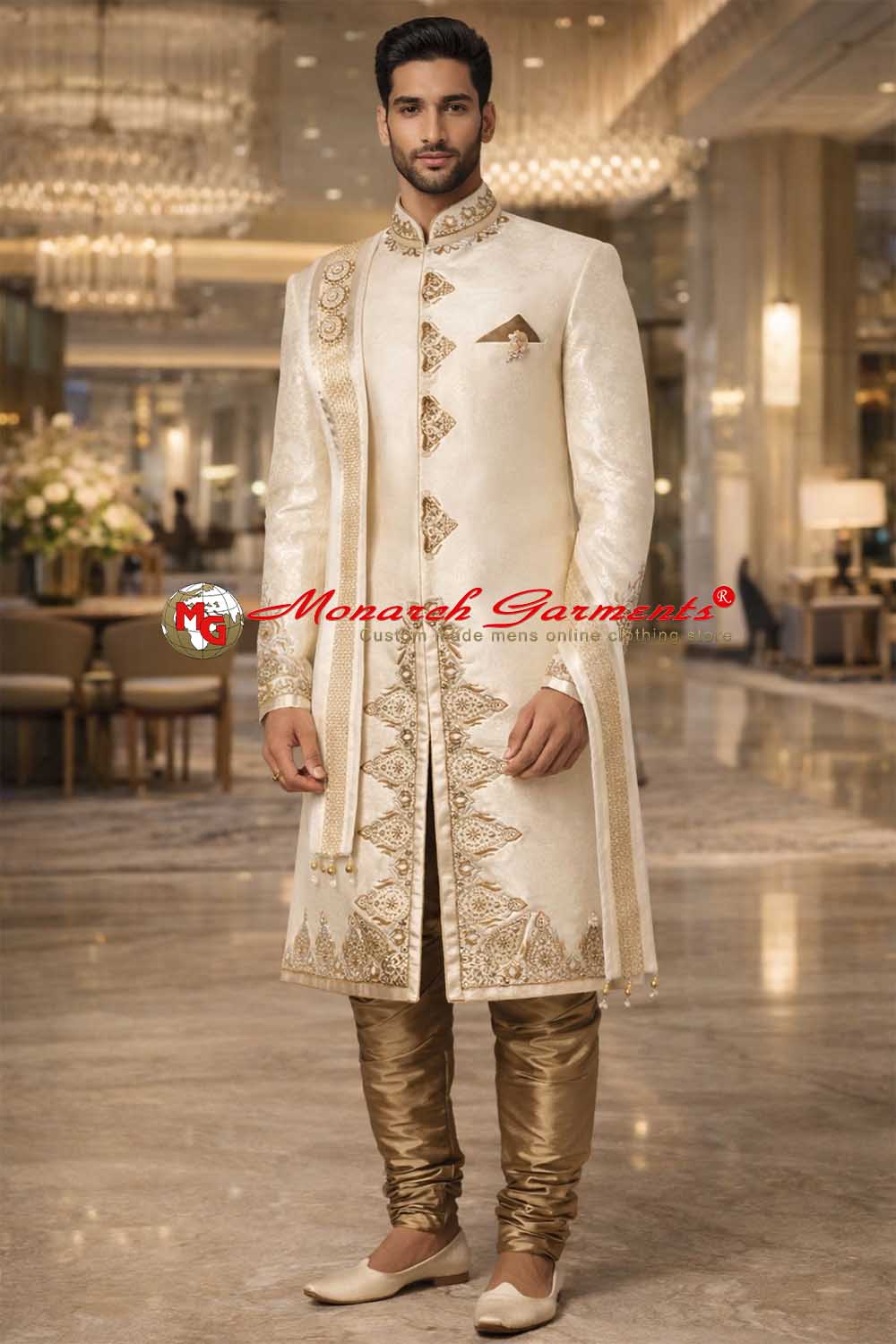 Royal ivory embroidered dupion wedding sherwani with stole for men, luxury groom outfit by Monarch Garments India