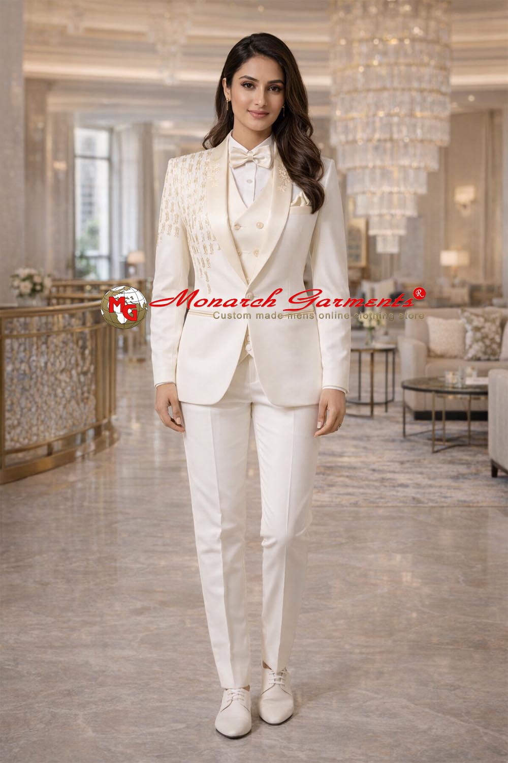 Ivory embroidered 3 piece suit for women slim fit formal ensemble for luxury evening events in India