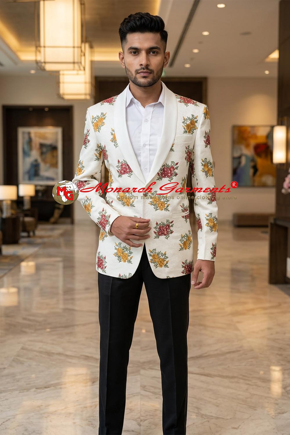 Ivory floral embroidered slim fit blazer with shawl collar for men by Monarch Garments