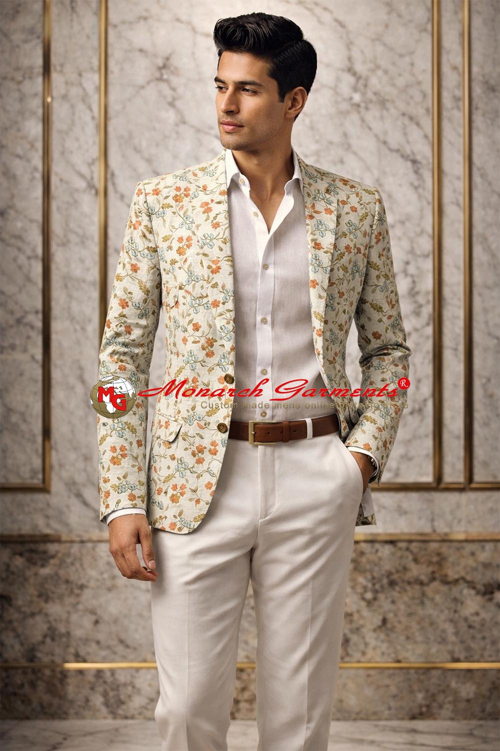 Ivory floral embroidered slim fit blazer for men with notch collar by Monarch Garments