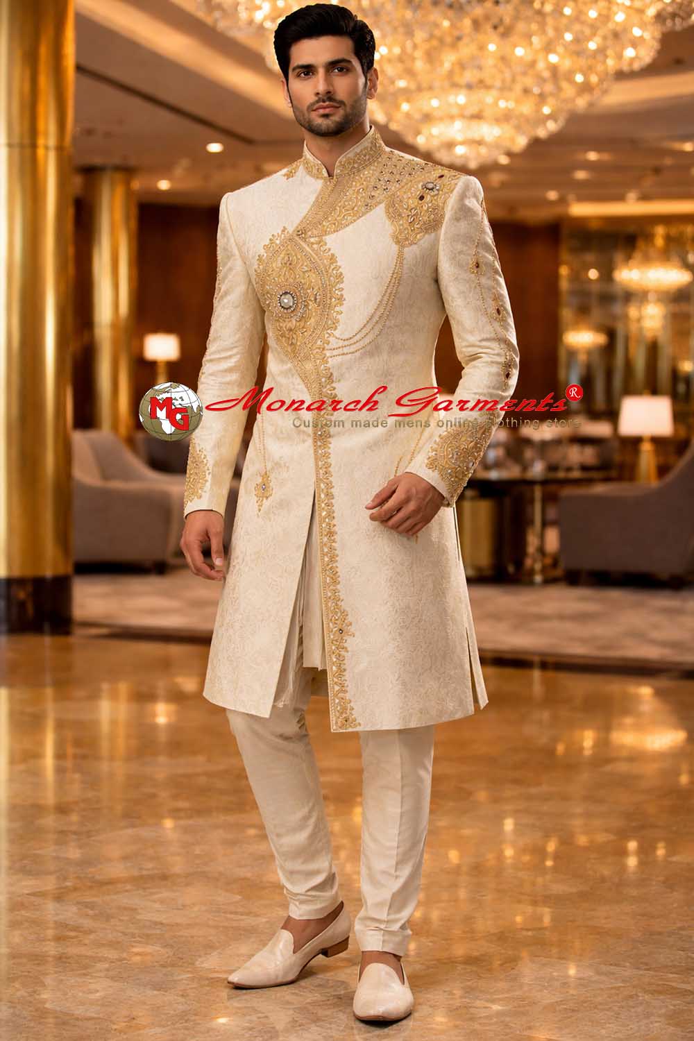 ivory brocade gold embroidered groom sherwani for indian wedding monarch garments