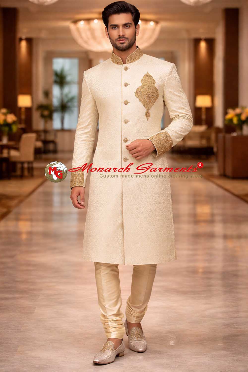 Ivory gold embroidered groom sherwani for Indian wedding with bandhgala collar and luxury detailing by Monarch Garments