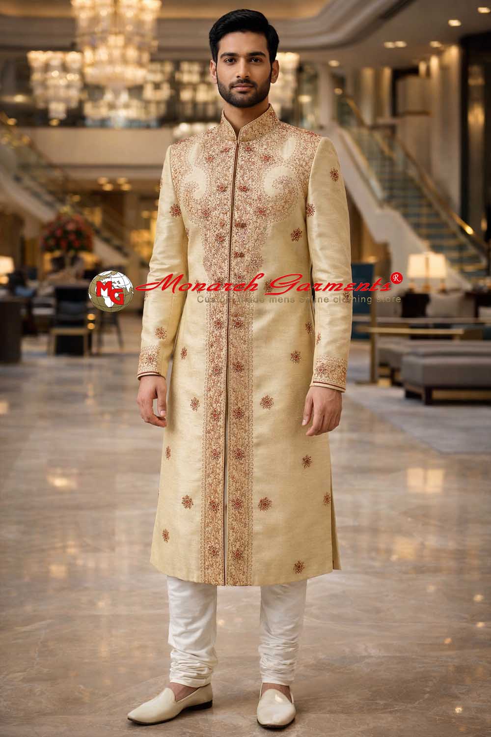 Men’s ivory gold embroidered silk sherwani for Indian wedding groom wear by Monarch Garments