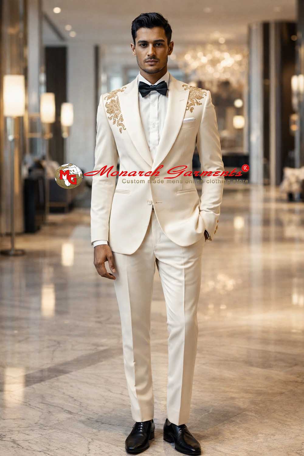 Ivory gold embroidered tuxedo suit for men slim fit wedding wear India