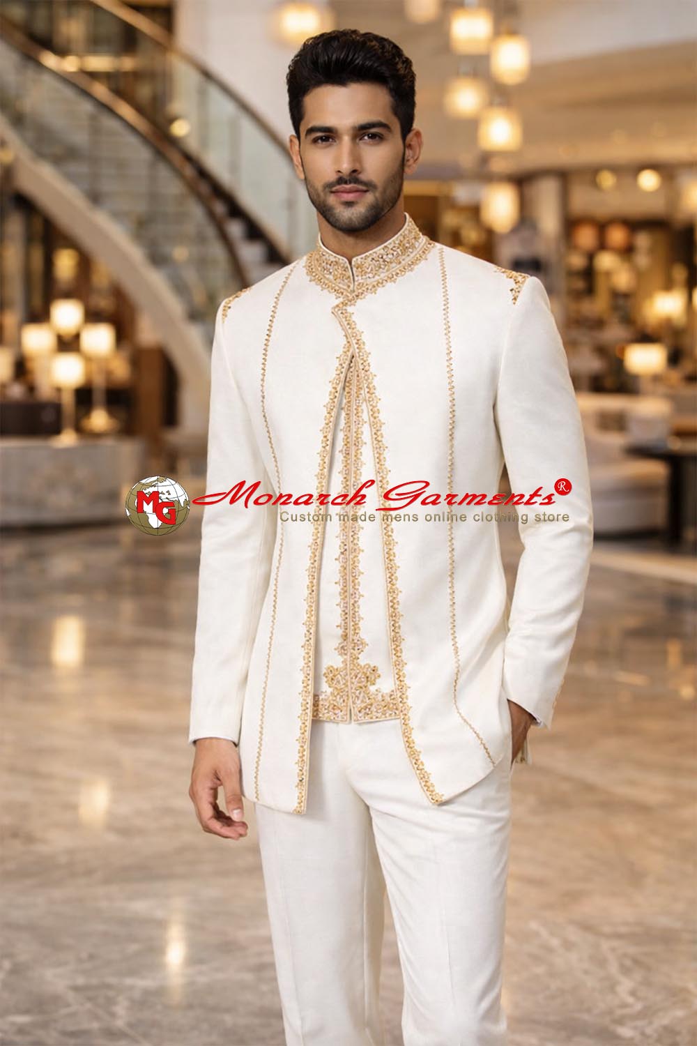 Ivory gold embroidered designer wedding suit for men, premium groom outfit for Indian wedding and reception wear
