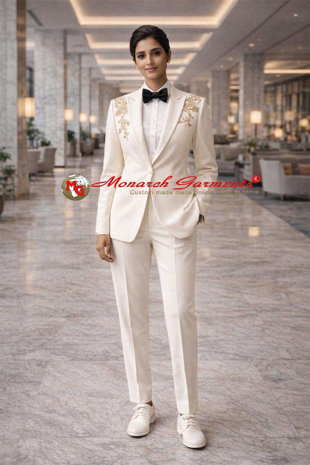 Ivory gold embroidered 2 piece suit for women slim fit luxury formal outfit for wedding and grand events
