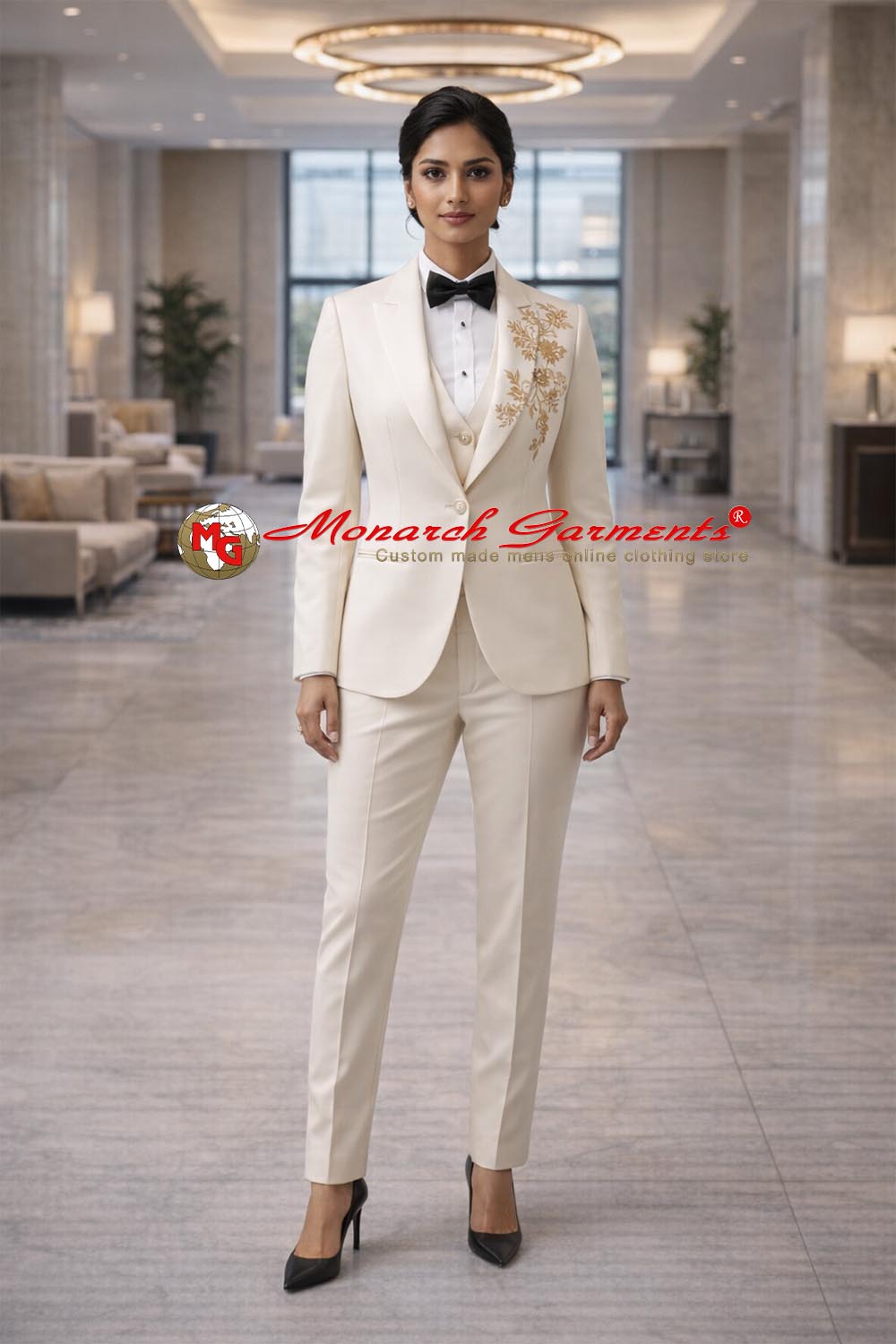 Ivory gold embroidered 3 piece suit for women slim fit formal suit for wedding and luxury events in India