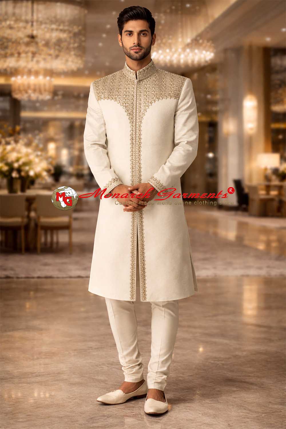 Elegant ivory embroidered brocade wedding sherwani for men with churidar pajama, luxury groom outfit by Monarch Garments India