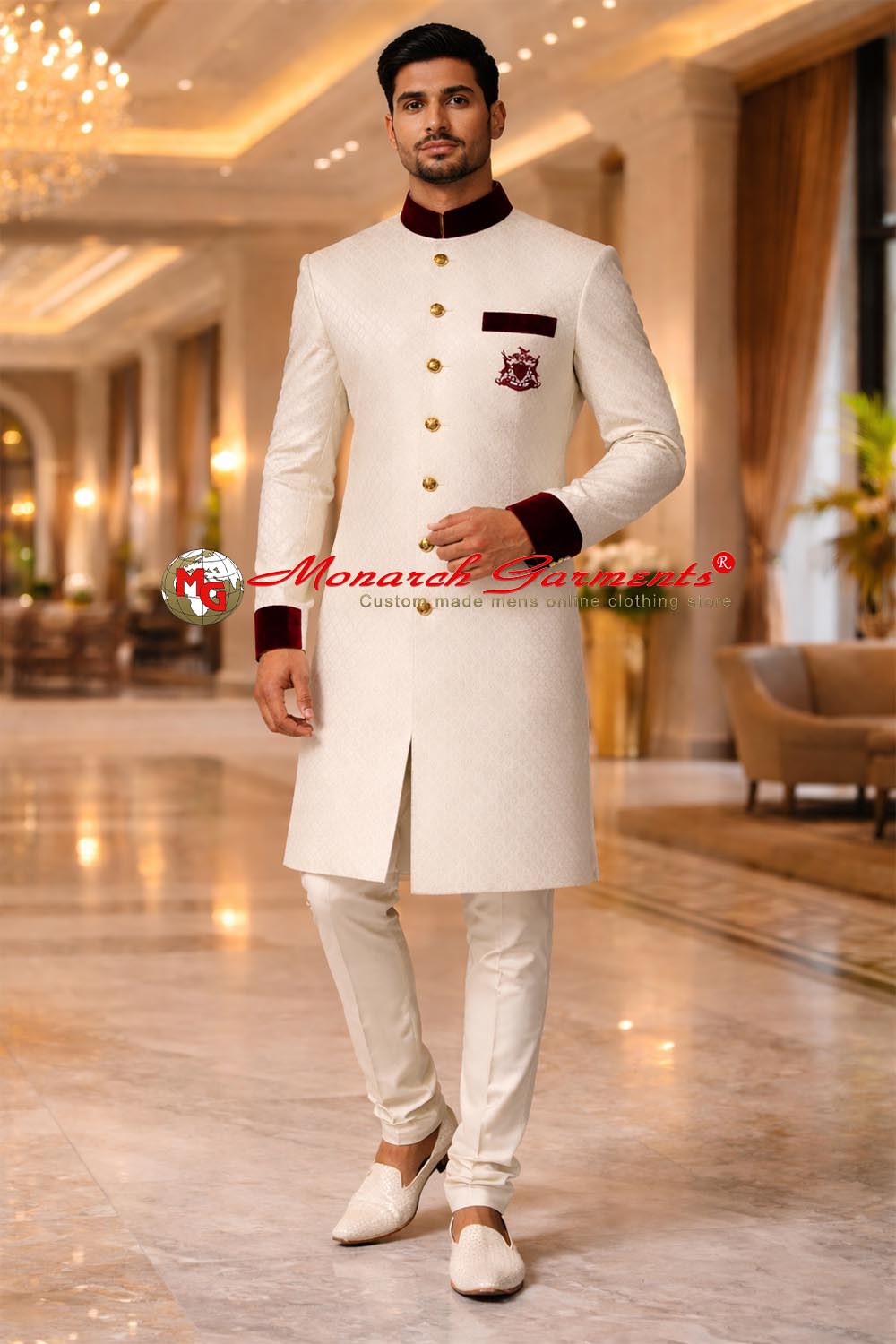 Indian groom ivory jacquard sherwani with maroon velvet collar by Monarch Garments