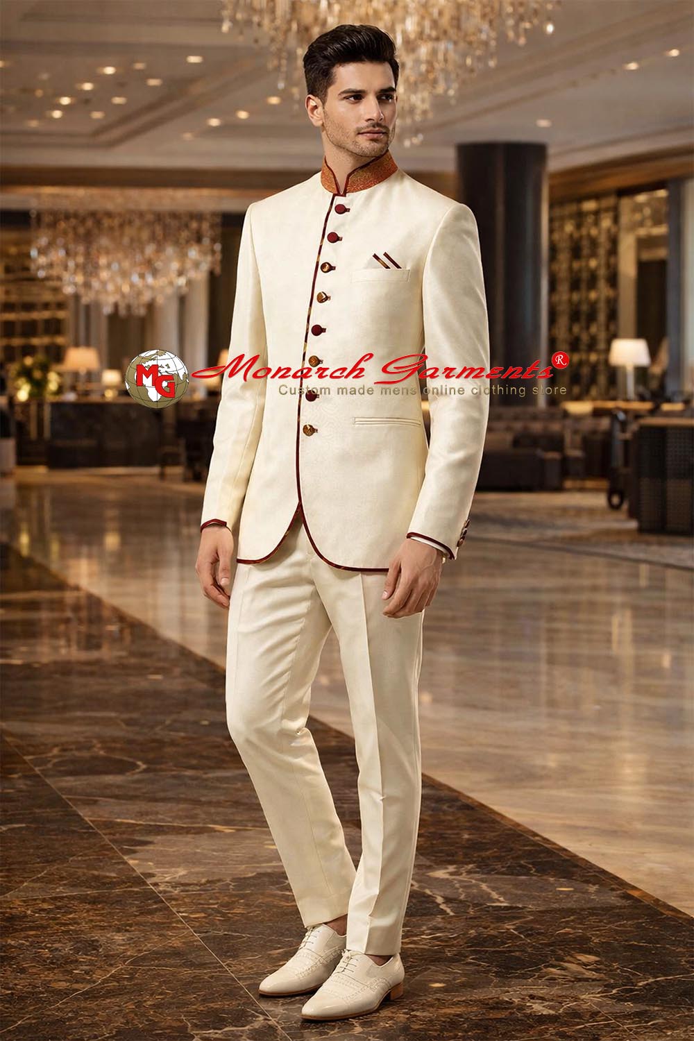 Ivory Jodhpuri suit for men with copper trimming 8 button bandhgala by Monarch Garments India
