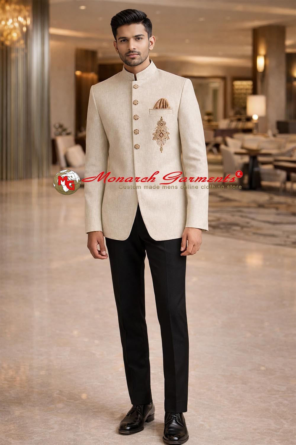Ivory Jodhpuri suit for men with embroidered bandhgala jacket and slim fit trousers