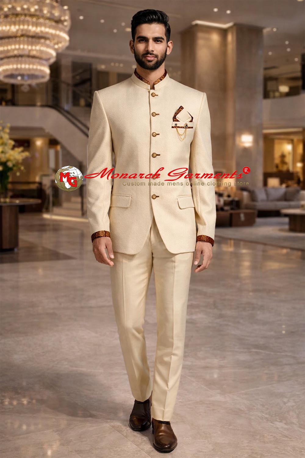 Ivory Jodhpuri suit for men with neck and cuff trimming and cream trouser
