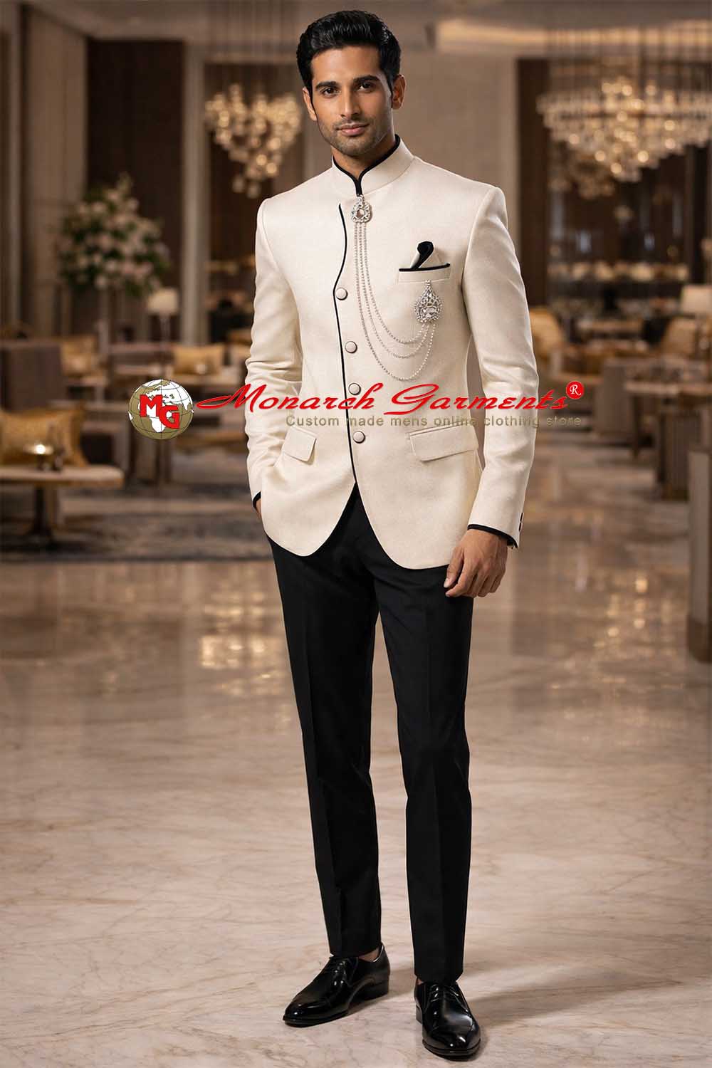 Ivory linen tuxedo suit for men slim fit designer wedding formal outfit
