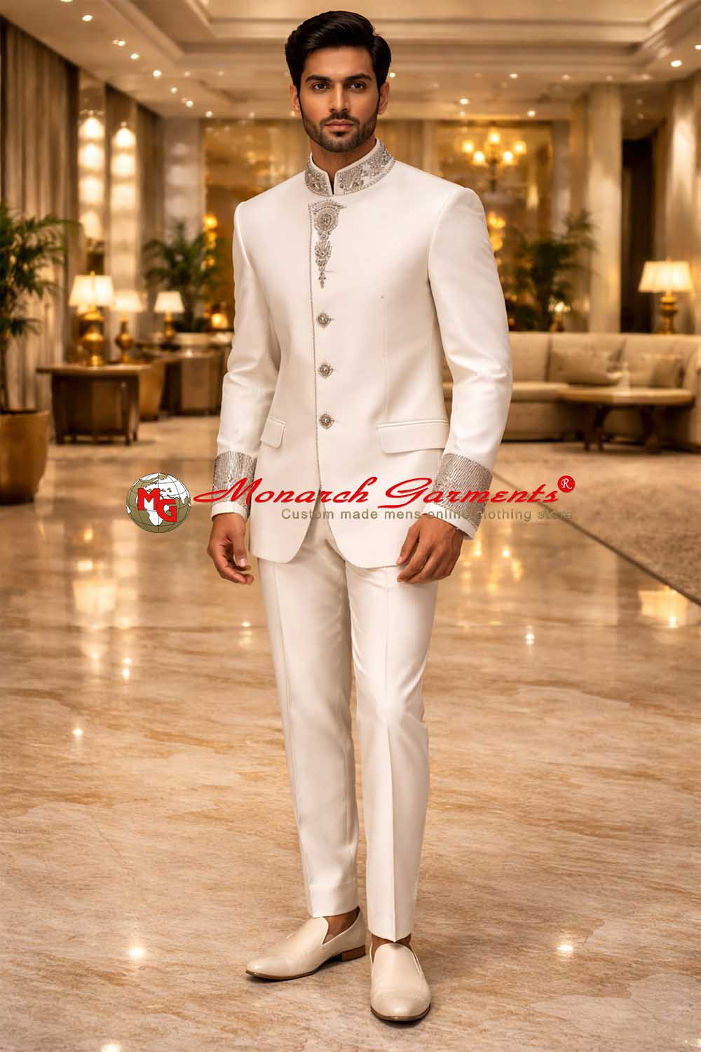 Ivory linen Jodhpuri suit for men embroidered bandhgala wedding suit Monarch Garments
