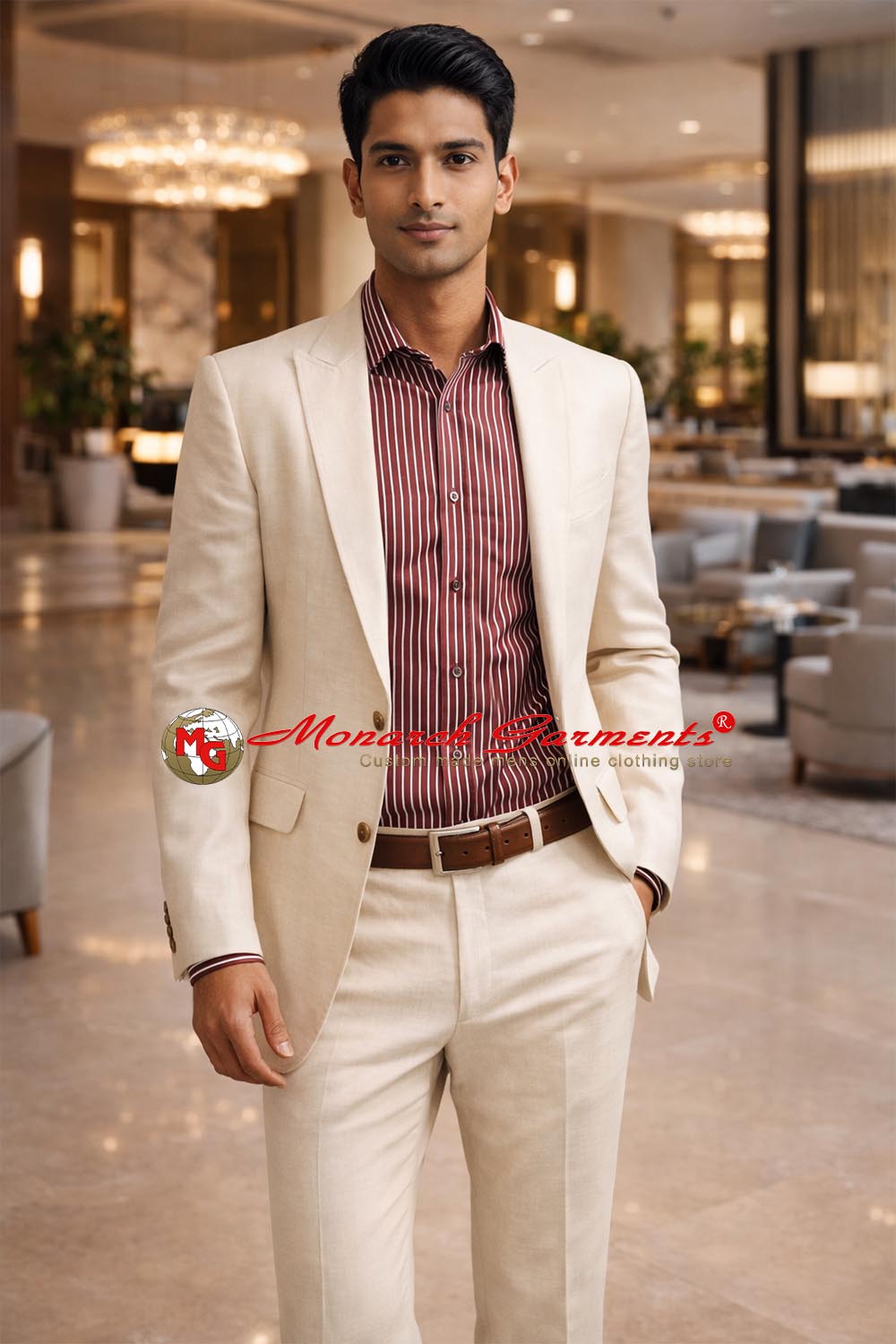 Ivory linen tuxedo suit for men slim fit formal wedding reception wear India