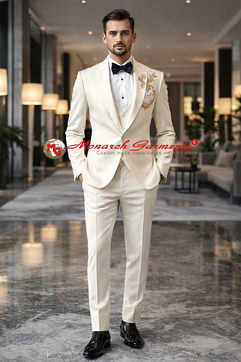 Ivory one button tuxedo suit for men slim fit wedding wear India