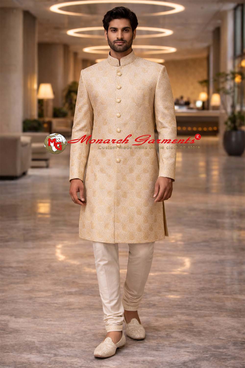 Ivory paisley brocade sherwani for men wedding wear India