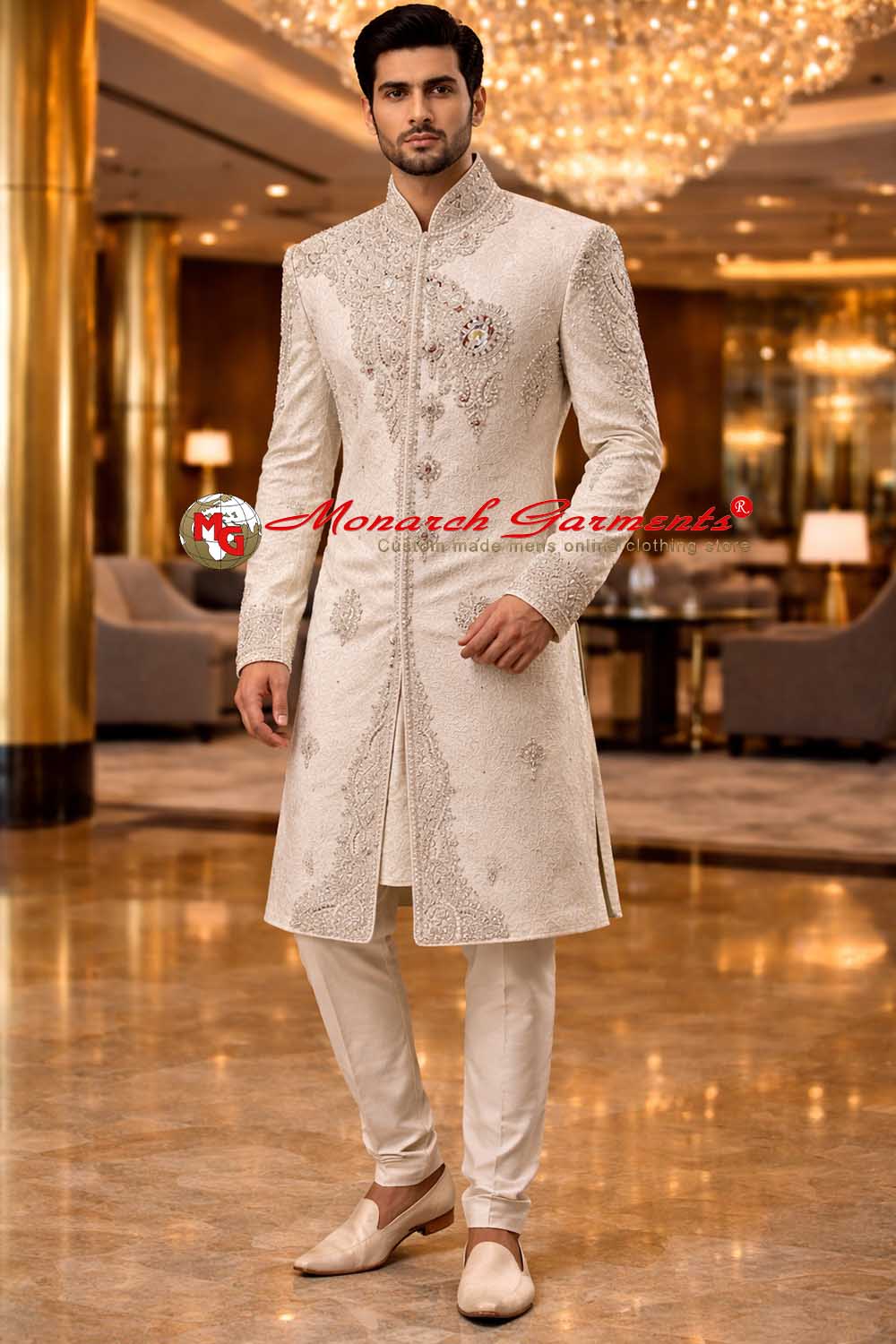 ivory brocade pearl embroidered groom sherwani for indian wedding monarch garments