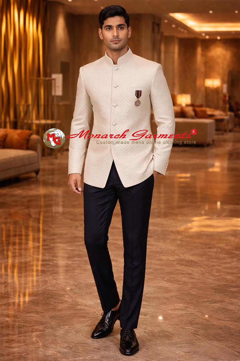 Men wearing ivory quilted bandhgala jacket with mandarin collar – premium Indian wedding outfit by Monarch Garments