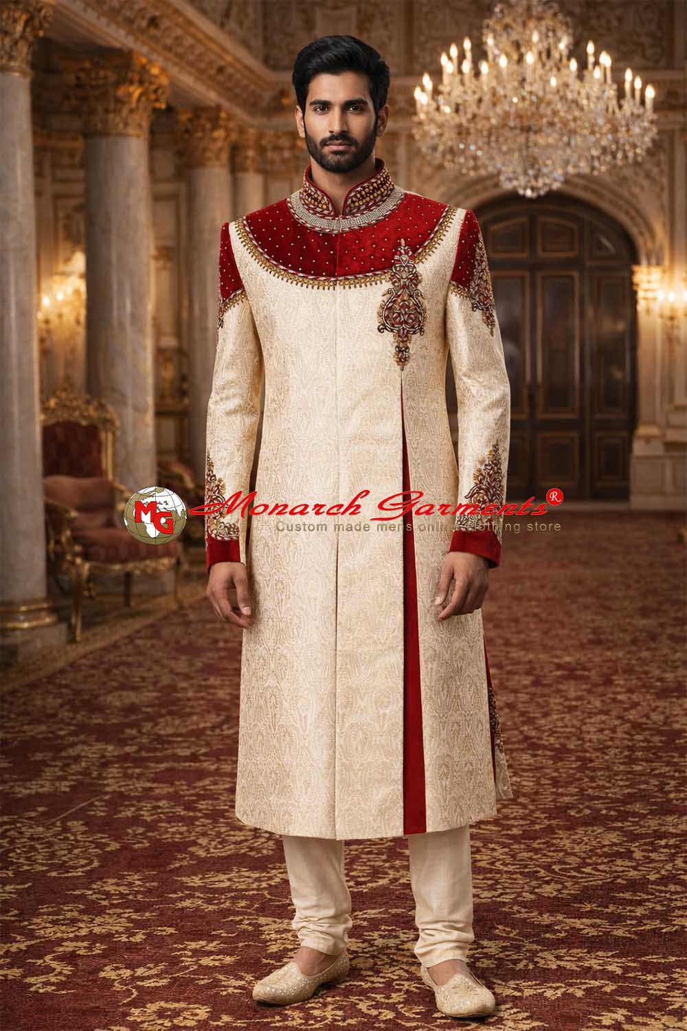 Indian groom wearing ivory jacquard wedding sherwani with red velvet yoke and embroidery by Monarch Garments