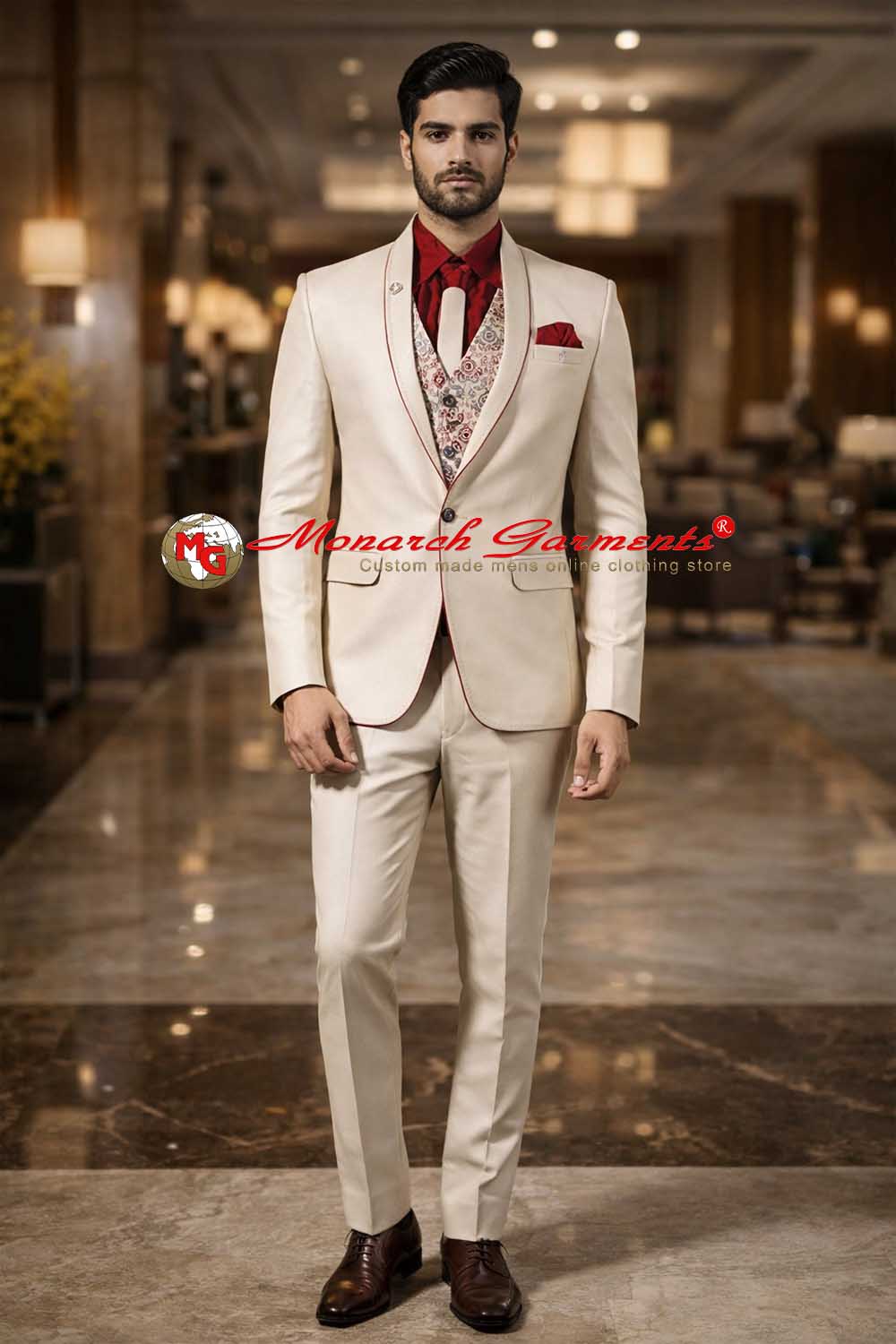 Ivory tuxedo suit with red piping slim fit designer wedding suit for men