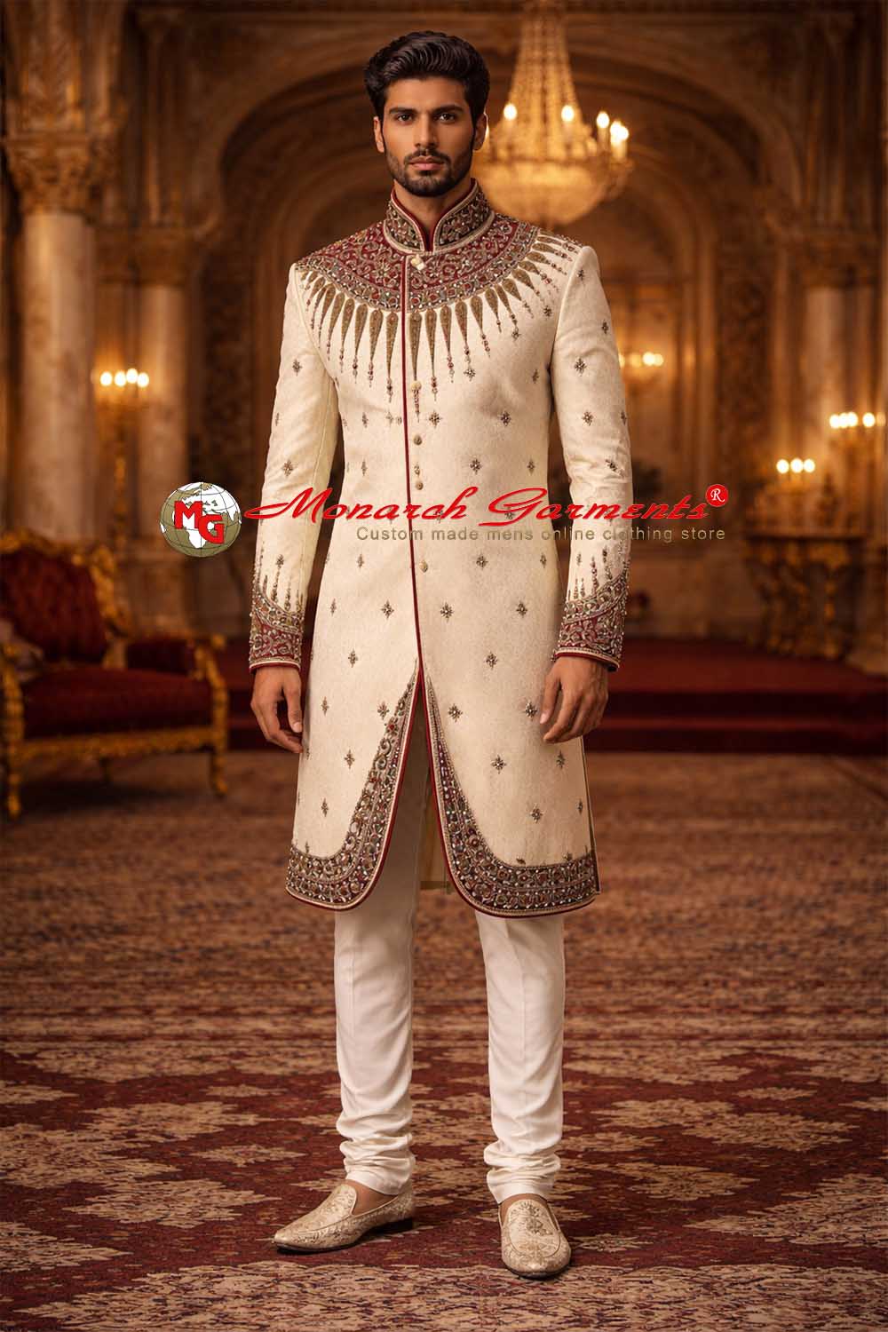 Ivory royal embroidered wedding sherwani for men with bandhgala collar and red detailing, premium groom sherwani by Monarch Garments