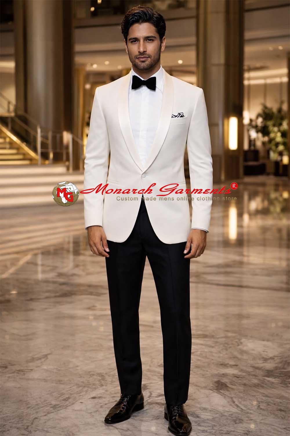 Ivory shawl lapel tuxedo suit for men with black trouser slim fit wedding wear India