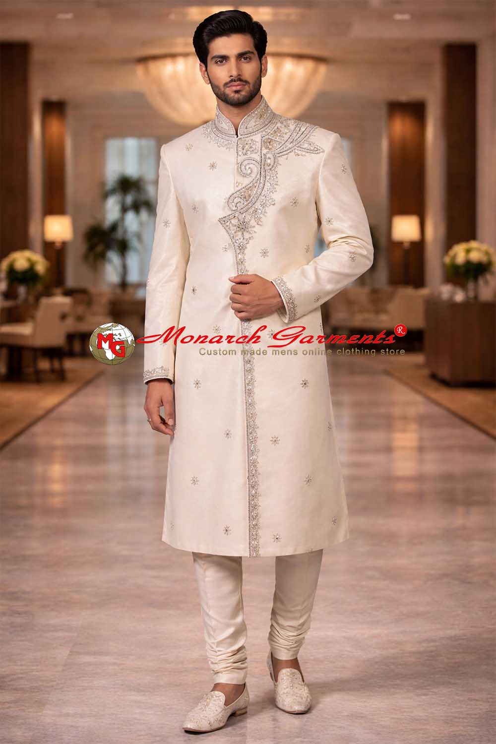 Ivory embroidered groom sherwani with silver zari work and bandhgala collar for Indian wedding by Monarch Garments