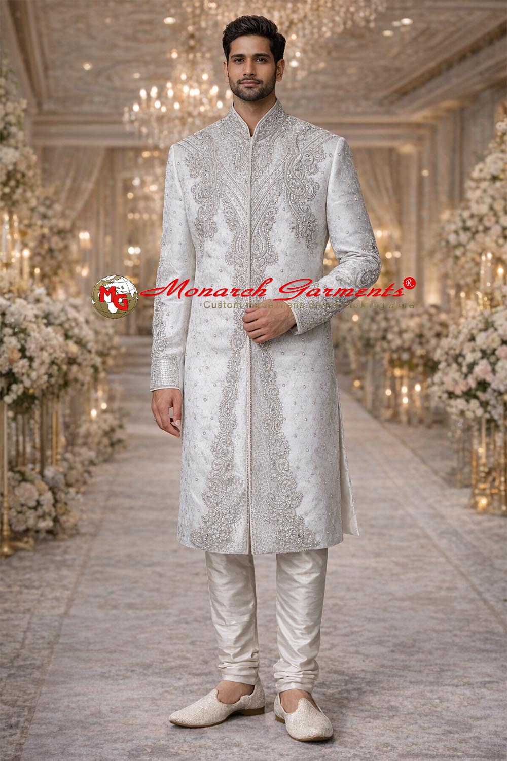 Indian groom wearing ivory silver embroidered wedding sherwani by Monarch Garments