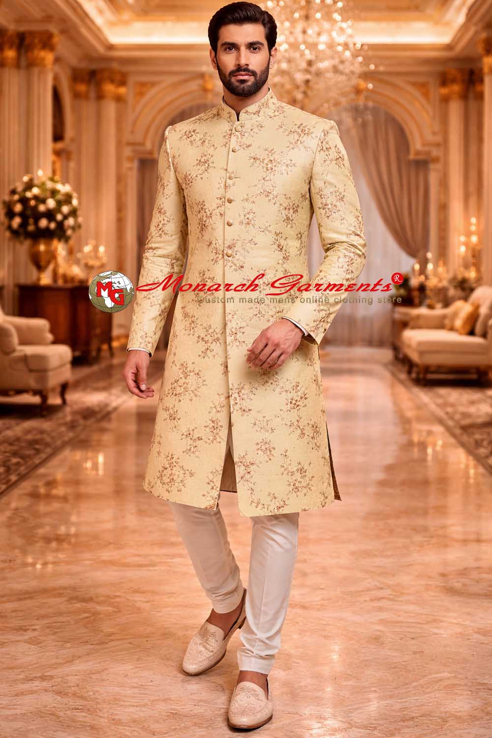 Ivory thread embroidered groom sherwani 3 piece set with kurta and trousers by Monarch Garments