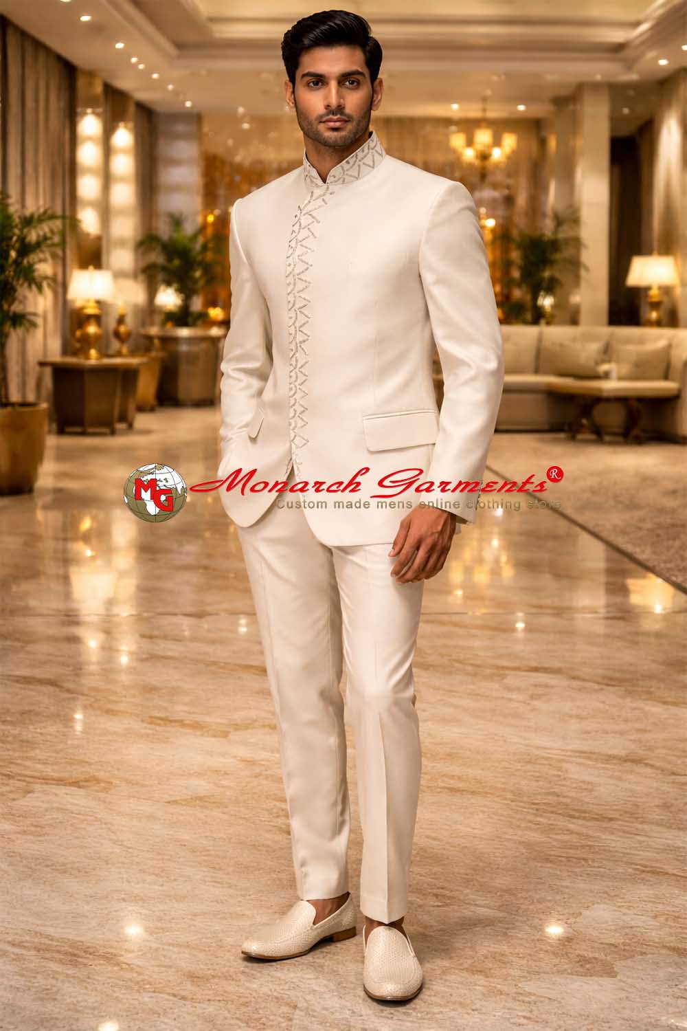 Ivory embroidered Jodhpuri suit for men luxury wedding bandhgala suit Monarch Garments