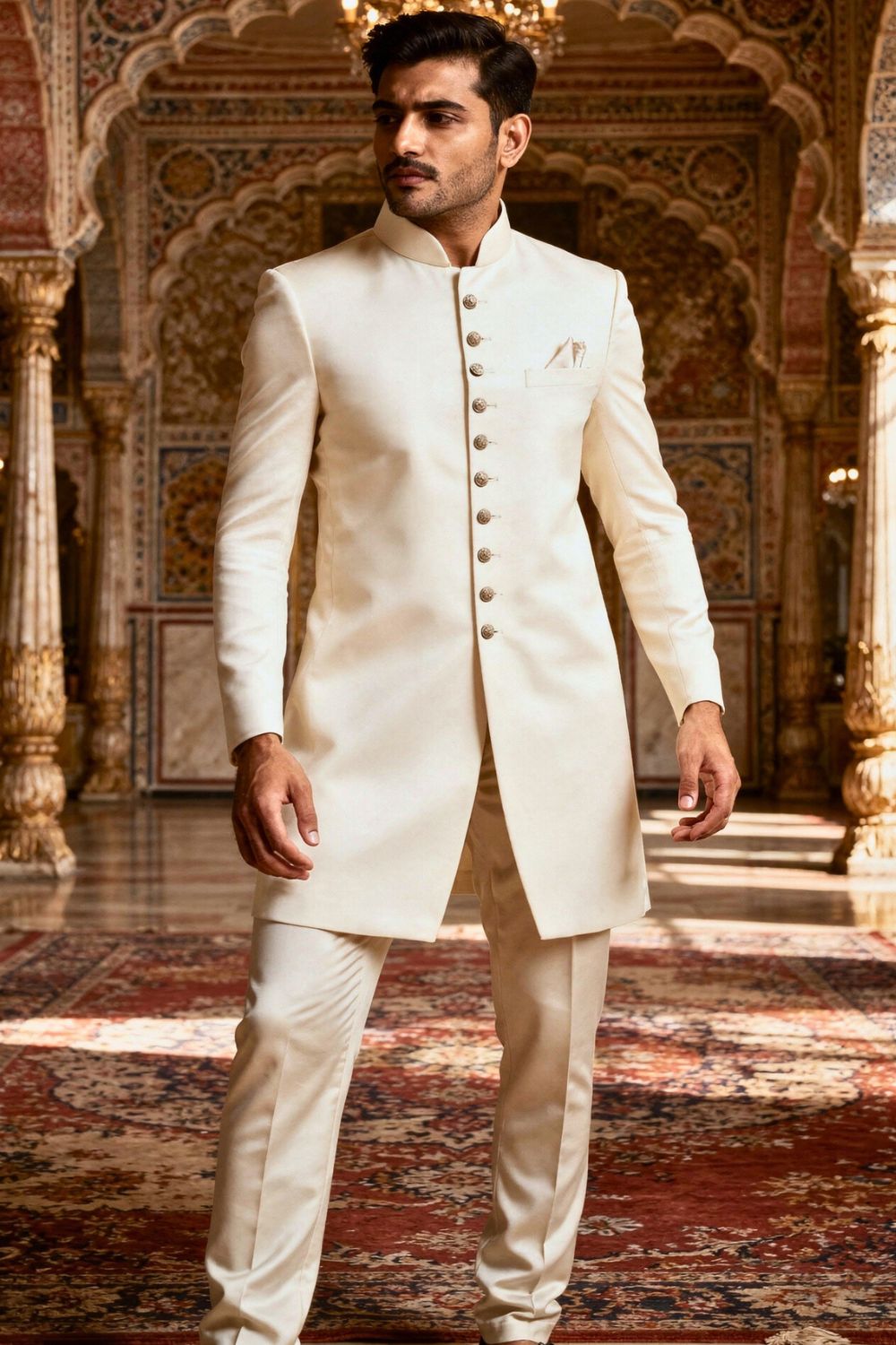Ivory wedding sherwani for men with bandhgala collar groom outfit by Monarch Garments India